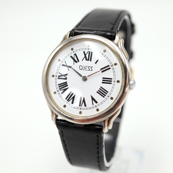 Vintage 1991 Guess Watch 34mm Round Roman Dial Dress Black Leather w New Battery - Picture 1 of 16